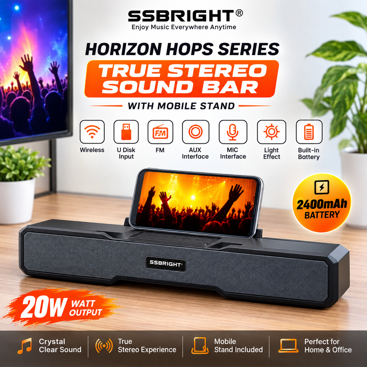 SSBRIGHT 20W Bluetooth Soundbar with Mobile Stand – Immersive Stereo Sound Everywhere
