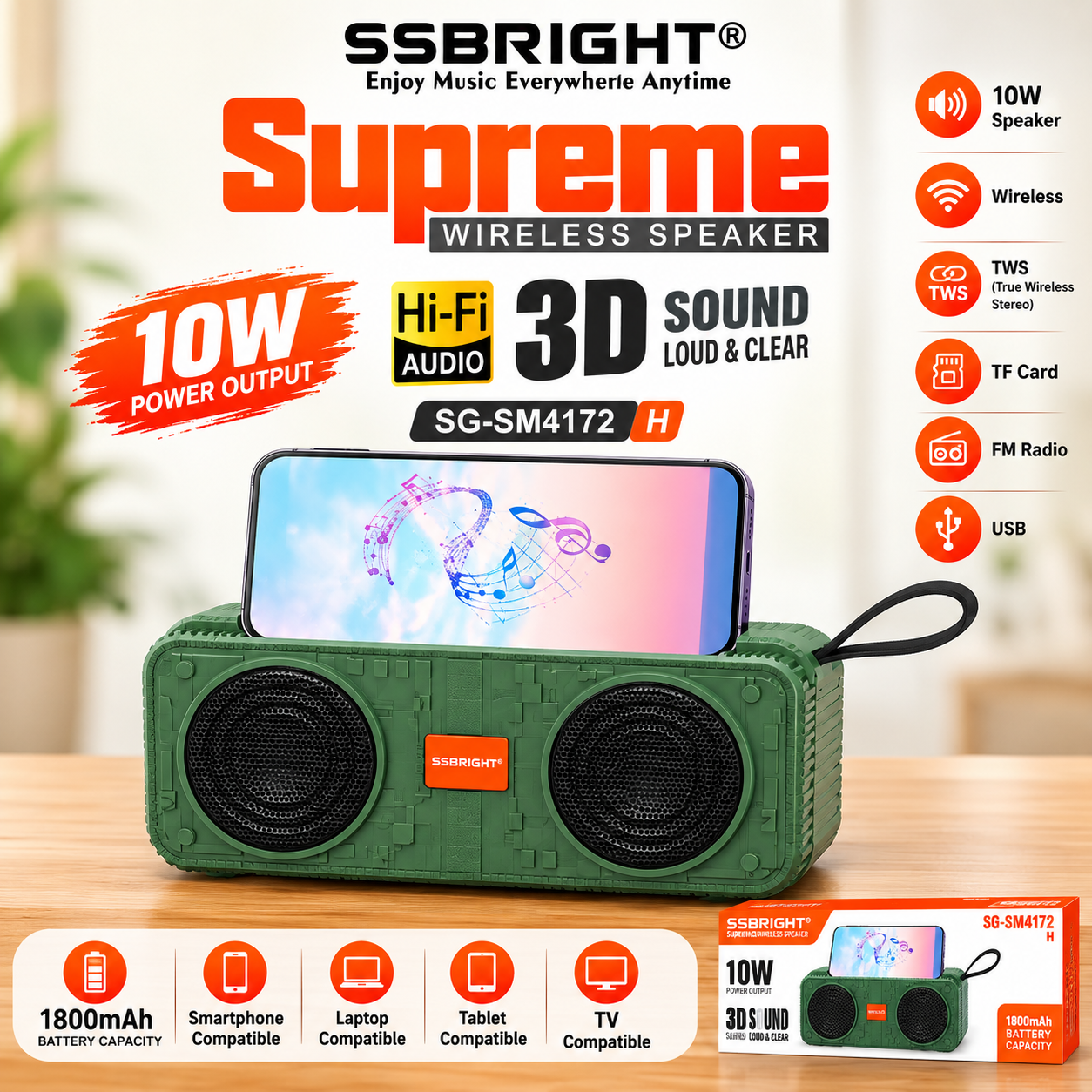 SSBRIGHT 10W Portable Wireless Speaker with Phone Stand – 3D Hi-Fi Stereo Audio