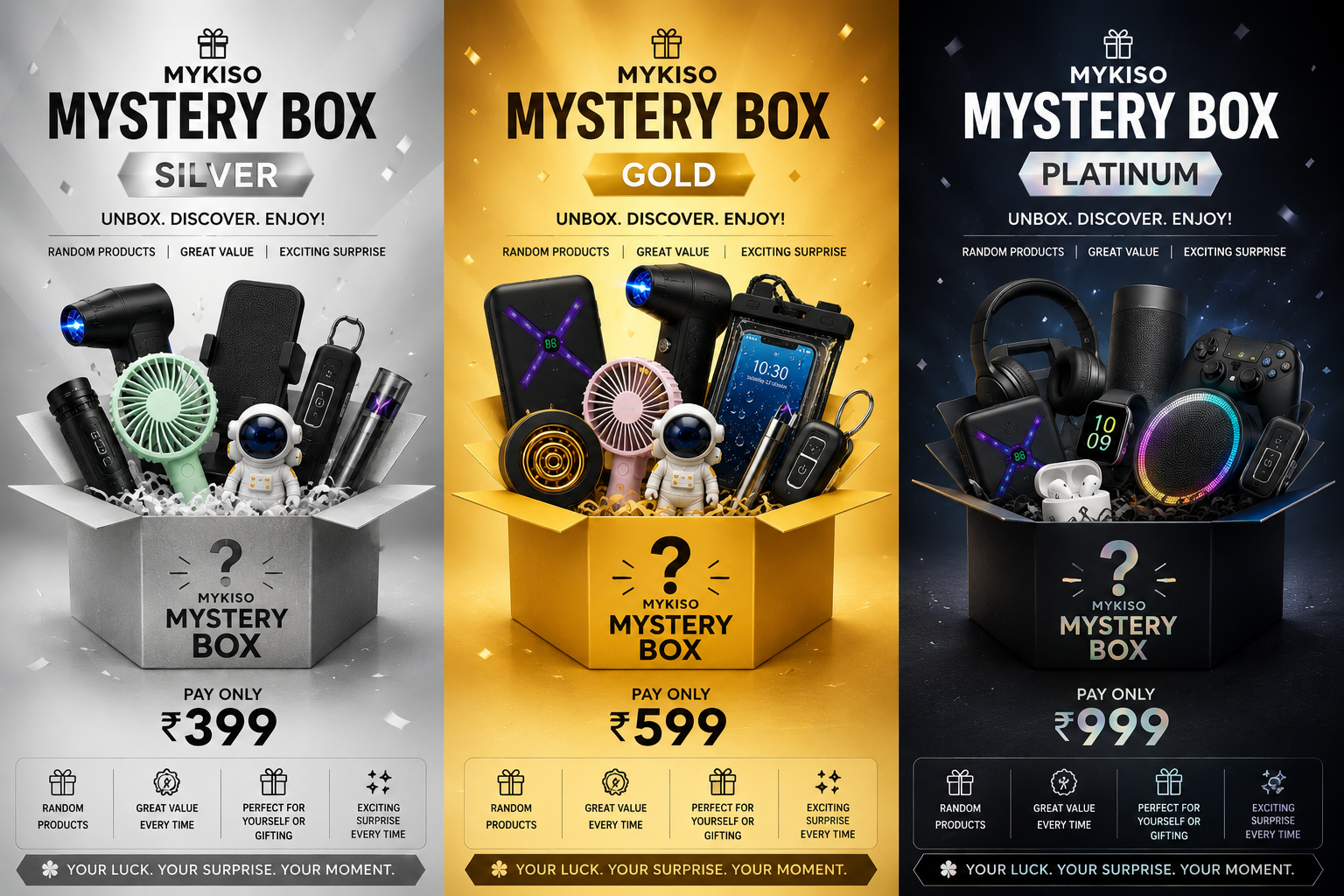 Three promotional panels for Mykiso Mystery Box packages: Silver, Gold, and Platinum. Each panel shows an open mystery box filled with assorted gadgets and accessories, with the Mykiso branding and pricing text prominently displayed.