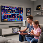 A boy and a girl sit on a gray sofa in a modern living room, playing video games with white controllers in front of a large wall-mounted TV showing a colorful retro game scene. A white gaming console sits on the cabinet below, with framed wall art and shelves in the background.