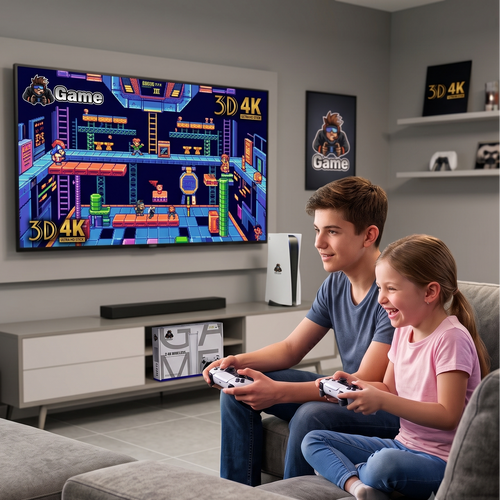 A boy and a girl sit on a gray sofa in a modern living room, playing video games with white controllers in front of a large wall-mounted TV showing a colorful retro game scene. A white gaming console sits on the cabinet below, with framed wall art and shelves in the background.
