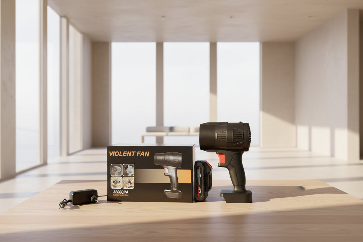 A cordless vacuum cleaner and its packaging box are displayed on a wooden surface, alongside a charging brick and a battery pack. The vacuum is black with a red trigger switch, and the box features orange text reading 'VIOLENT FAN' and '35000PA'.